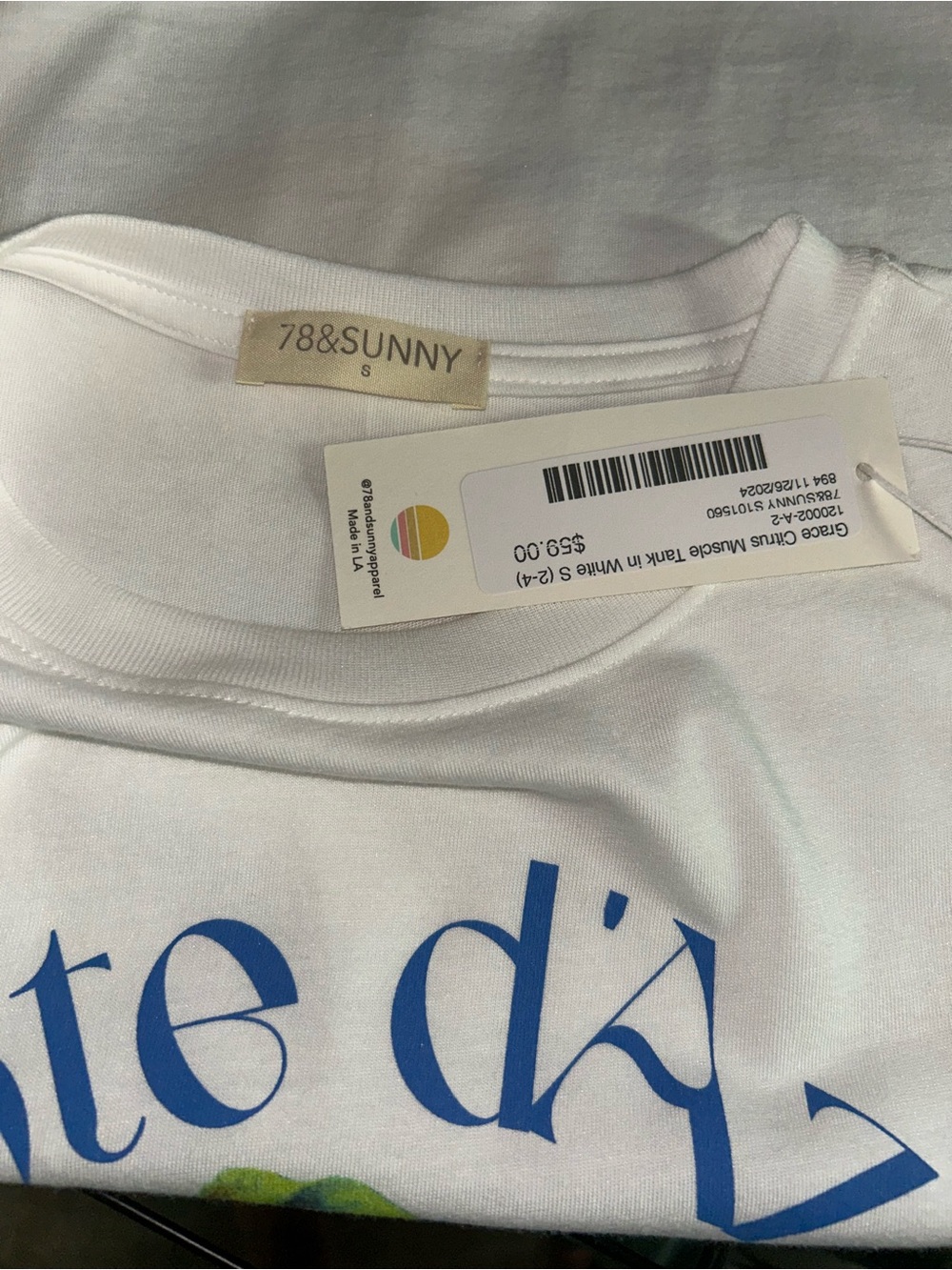 NWT 78&Sunny Grace Citrus Muscle Tank in White Sz S - Picture 7 of 7